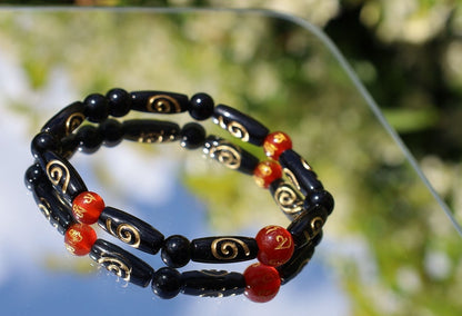 Unique and Artistic Golden Sketch Embossed Pattern Tube Acrylic Beads and 8MM Feng Shui Red Color obsidian