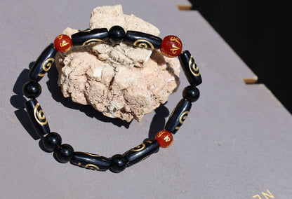 Unique and Artistic Golden Sketch Embossed Pattern Tube Acrylic Beads and 8MM Feng Shui Red Color obsidian