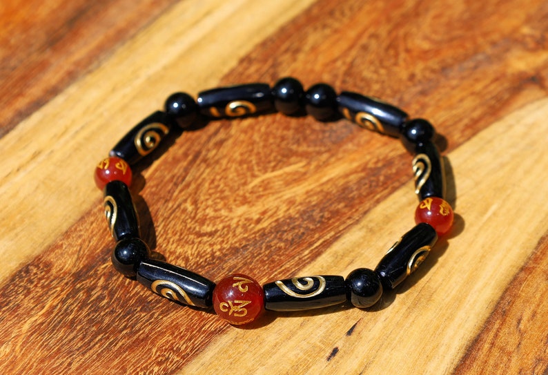 Unique and Artistic Golden Sketch Embossed Pattern Tube Acrylic Beads and 8MM Feng Shui Red Color obsidian
