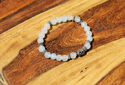 Frosted Mystic Aura Mermaid Beads, Matte Aurora Crystal Glass Beads, with  3D Buddha Head. Tibetan Style Alloy 3D Buddha Head Bead, Antique Silver, 10x8x7mm