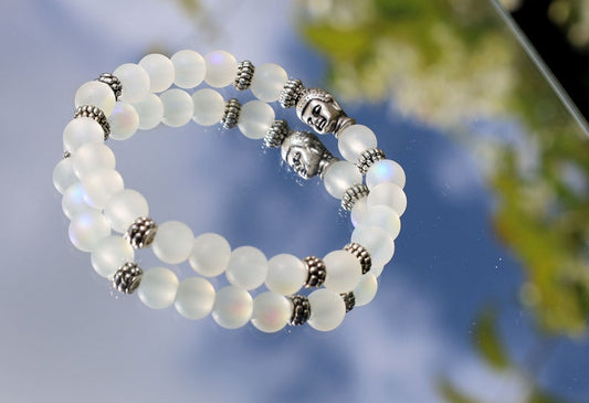 Frosted Mystic Aura Mermaid Beads, Matte Aurora Crystal Glass Beads, with  3D Buddha Head. Tibetan Style Alloy 3D Buddha Head Bead, Antique Silver, 10x8x7mm