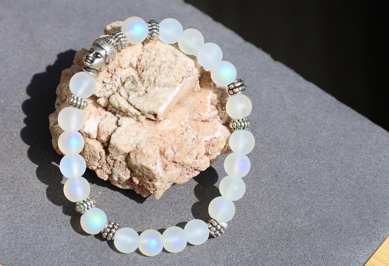 Frosted Mystic Aura Mermaid Beads, Matte Aurora Crystal Glass Beads, with  3D Buddha Head. Tibetan Style Alloy 3D Buddha Head Bead, Antique Silver, 10x8x7mm