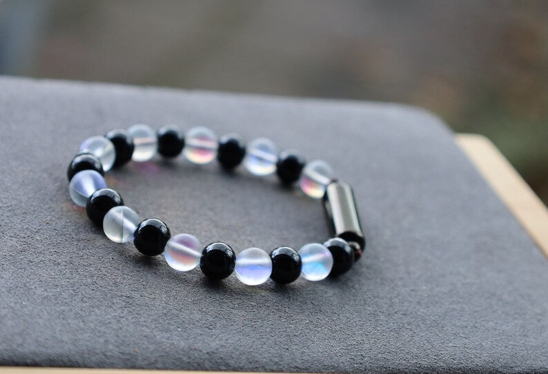 Aurora Crystal Glass/ Onyx Cremation Urn Bracelet, Ashes Holder Jewelry, Lave stones, Cremation Memorial Bracelet, Cremation tube beads