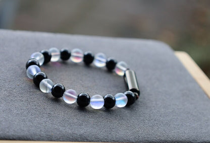 Aurora Crystal Glass/ Onyx Cremation Urn Bracelet, Ashes Holder Jewelry, Lave stones, Cremation Memorial Bracelet, Cremation tube beads