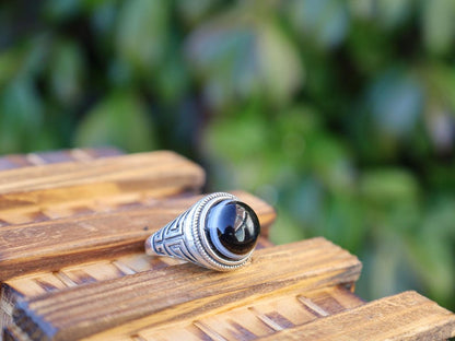 Handmade Tibetan Evil-Eye dZi Bead Ring. This ring is ideal for those seeking both style and spiritual protection.