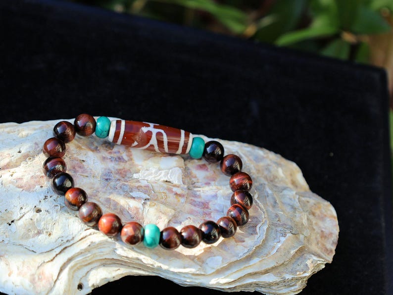 Big Man (Aristocrat) dZi Bead with Red Tiger eye and Tibetan turquoise buddhist prayer beads. The beads are made of Green Turquoise paste.