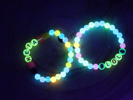 Set bracelets- Luminous Acrylic Beads, different glow in the dark colors combined with UV Reactive bracelets. Exclusive, Unique&UV Reactive!