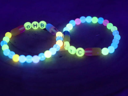 Set bracelets- Luminous Acrylic Beads, different glow in the dark colors combined with UV Reactive bracelets. Exclusive, Unique&UV Reactive!