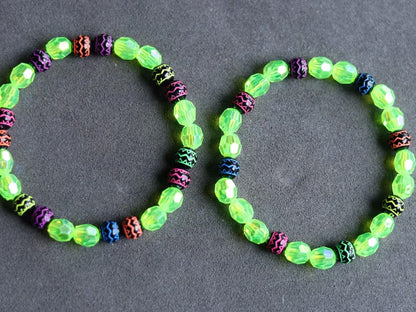Set bracelets- Nebula Series – 8mm Faceted Round Bead Fluorescent Green Acrylic Pearl Bracelets!  Exclusive, Unique&UV Reactive!