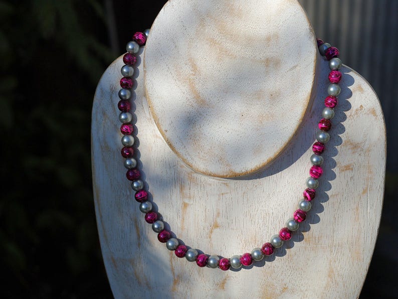 Party rave festival necklace,  Reactive Fluorescent Beaded 8mm pink purple, Glass Pearl Graphite, choker, Statement, party, necklace