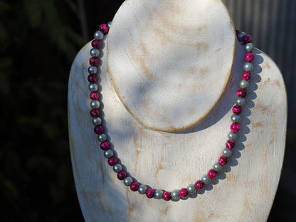 Party rave festival necklace,  Reactive Fluorescent Beaded 8mm pink purple, Glass Pearl Graphite, choker, Statement, party, necklace
