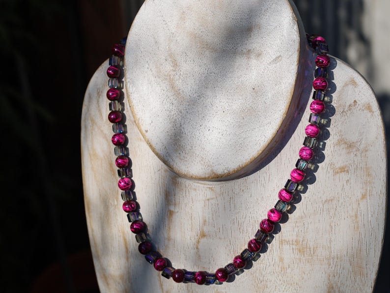 Party rave festival necklace,  Reactive Fluorescent Beaded 8mm pink purple, Glass Pearl Graphite, choker, Statement, party, necklace