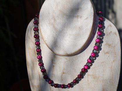 Party rave festival necklace,  Reactive Fluorescent Beaded 8mm pink purple, Glass Pearl Graphite, choker, Statement, party, necklace