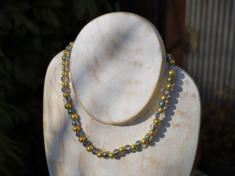 Party rave festival choker,  Half Green Iridescent Crystal Glass, Glass Smooth golden Acrylic Beads., choker, Statement, party,necklace
