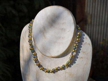 Party rave festival choker,  Half Green Iridescent Crystal Glass, Glass Smooth golden Acrylic Beads., choker, Statement, party,necklace