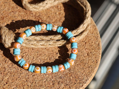 Round Handmade Evil Eye Lampwork Beads, Orange with Electroplate Glass, Sea Sediment Jasper,  protecting the wearer