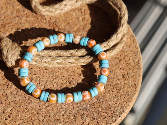 Round Handmade Evil Eye Lampwork Beads, Orange with Electroplate Glass, Sea Sediment Jasper,  protecting the wearer