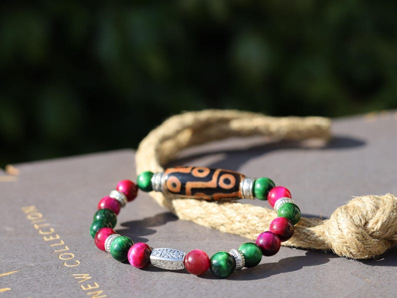 Nine-eye dZi bead with Multicolor Gold Clinquant Cloisonné Beads. Masterpiece of Prosperity & Elegance. artistic craftsmanship