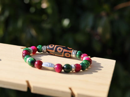 Nine-eye dZi bead with Multicolor Gold Clinquant Cloisonné Beads. Masterpiece of Prosperity & Elegance. artistic craftsmanship