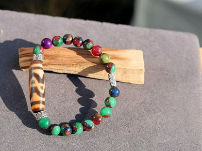 Old DZI Tiger’s Teeth Bracelet with Multicolor Gold Clinquant Cloisonné Beads. Masterpiece of Prosperity & Elegance. artistic craftsmanship