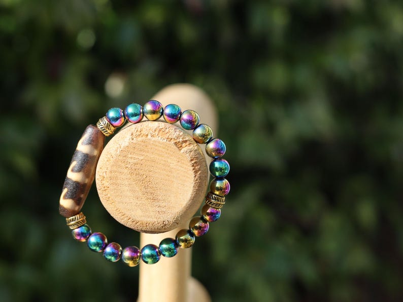 Old Unique DZI Tiger’s Teeth Bracelet with Nice Plated Natural Electro Color Rainbow Hematite bracelet.  associated with success, ambition