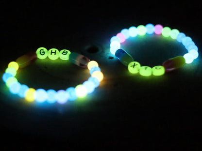 Set bracelets- Luminous Acrylic Beads, different glow in the dark colors combined with UV Reactive bracelets. Exclusive, Unique&UV Reactive!