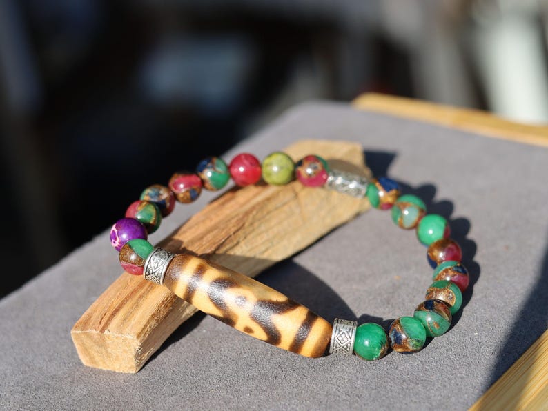 Old DZI Tiger’s pattern Bracelet with Multicolor Gold Clinquant Cloisonné Beads. Masterpiece of Prosperity & Elegance.artistic craftsmanship