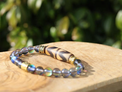 Old Double DZI Tiger’s pattern Bracelet with Mystic Aura Quartz beads. Visually striking with profound spiritual significance.
