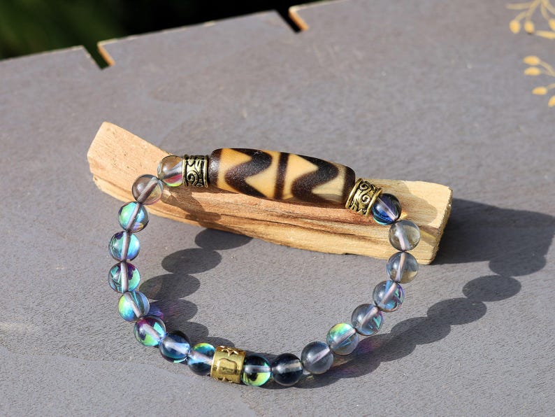 Old Double DZI Tiger’s pattern Bracelet with Mystic Aura Quartz beads. Visually striking with profound spiritual significance.