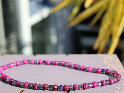 Party rave festival necklace,  Reactive Fluorescent Beaded 8mm pink purple, Glass Pearl Graphite, choker, Statement, party, necklace