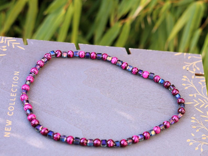 Party rave festival necklace,  Reactive Fluorescent Beaded 8mm pink purple, Glass Pearl Graphite, choker, Statement, party, necklace