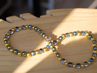 Party rave festival choker,  Half Green Iridescent Crystal Glass, Glass Smooth golden Acrylic Beads., choker, Statement, party,necklace