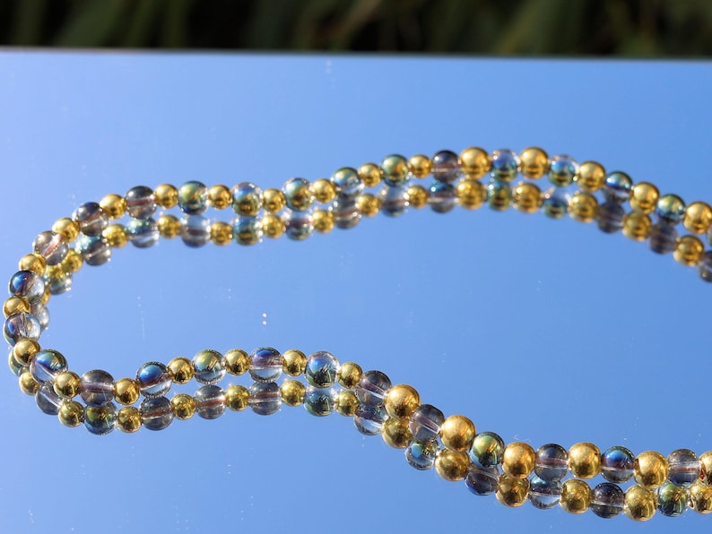 Party rave festival choker,  Half Green Iridescent Crystal Glass, Glass Smooth golden Acrylic Beads., choker, Statement, party,necklace