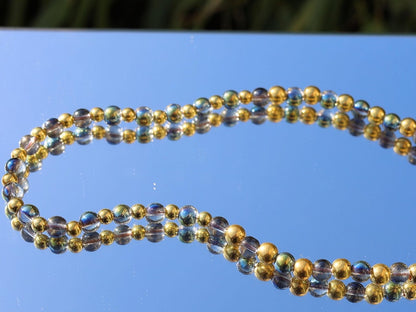 Party rave festival choker,  Half Green Iridescent Crystal Glass, Glass Smooth golden Acrylic Beads., choker, Statement, party,necklace