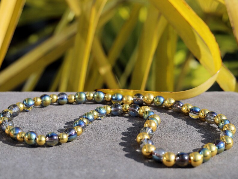Party rave festival choker,  Half Green Iridescent Crystal Glass, Glass Smooth golden Acrylic Beads., choker, Statement, party,necklace