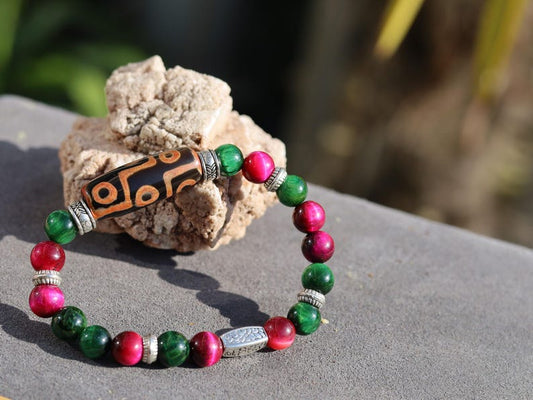 Nine-eye dZi bead with Multicolor Gold Clinquant Cloisonné Beads. Masterpiece of Prosperity & Elegance. artistic craftsmanship