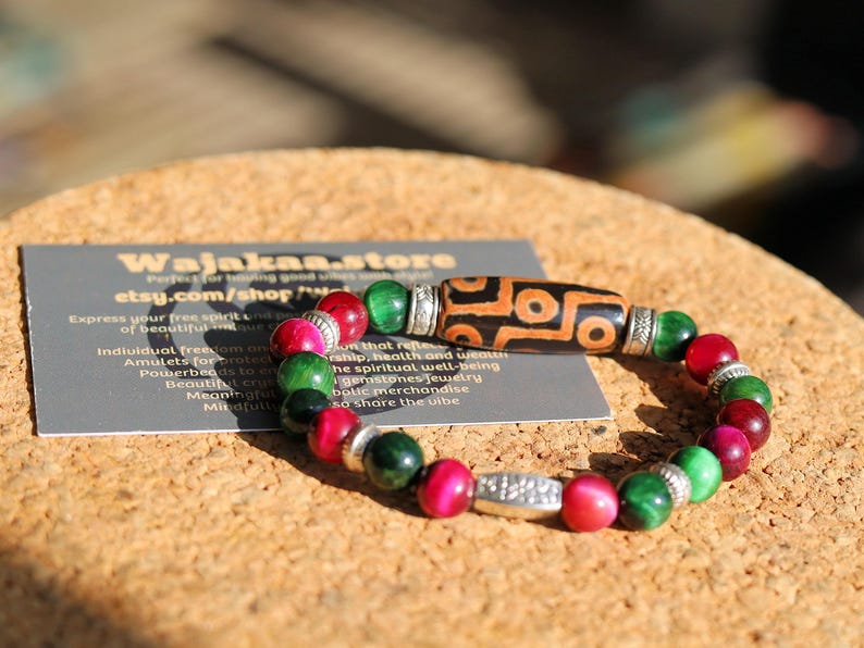 Nine-eye dZi bead with Multicolor Gold Clinquant Cloisonné Beads. Masterpiece of Prosperity & Elegance. artistic craftsmanship