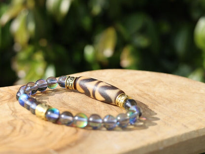 Old Double DZI Tiger’s Teeth Bracelet with Mystic Aura Quartz beads. Visually striking with profound spiritual significance.
