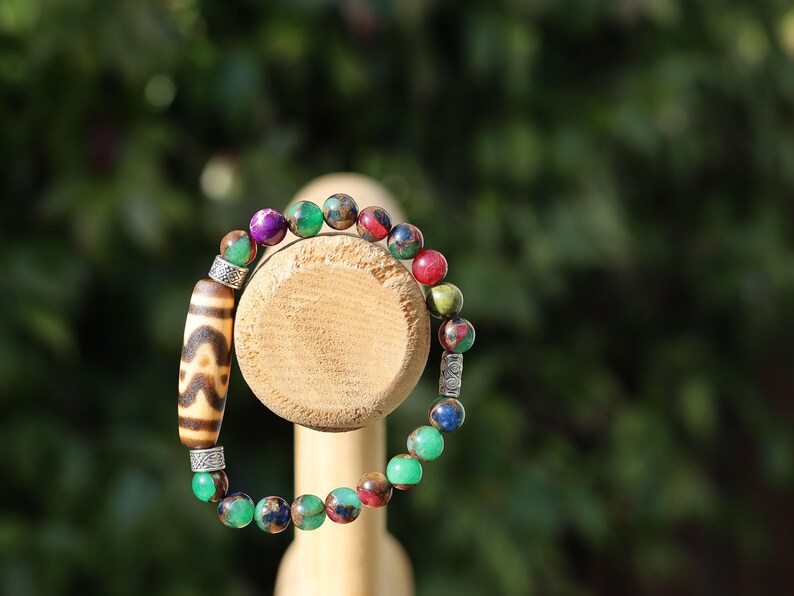 Old DZI Tiger’s Teeth Bracelet with Multicolor Gold Clinquant Cloisonné Beads. Masterpiece of Prosperity & Elegance. artistic craftsmanship