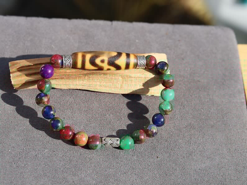 Old DZI Tiger’s Teeth Bracelet with Multicolor Gold Clinquant Cloisonné Beads. Masterpiece of Prosperity & Elegance. artistic craftsmanship