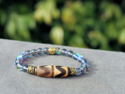 Old Double DZI Tiger’s pattern Bracelet with Mystic Aura Quartz beads. Visually striking with profound spiritual significance.