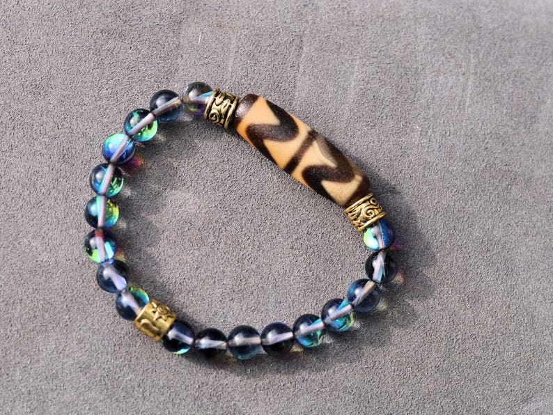 Old Double DZI Tiger’s pattern Bracelet with Mystic Aura Quartz beads. Visually striking with profound spiritual significance.