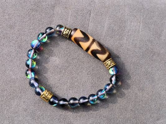 Old Double DZI Bracelet with Mystic Aura Quartz beads – a powerful talisman radiating ancient energy and spiritual insight