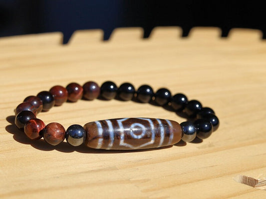 Wajakaa Design | Vintage Eyed 3 Dzi Bead Bracelet | Tiger Eye • Hematite • Black Agate. Perfect for: Energy workers, collectors