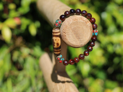 Wajakaa Design | Yin Yang Dzi Bead Bracelet | Tiger Eye • Handmade Nepal Brass • Turquoise & Coral Inlay.
