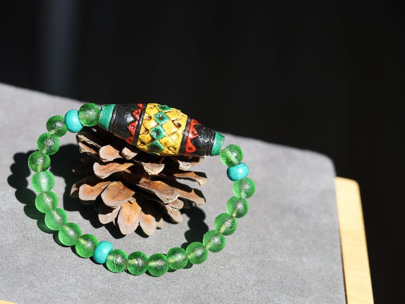 Andean Diamond Barrel Bead Bracelet | Moldavite • Tibetan Green Turquoise Prayer Beads.A sacred fusion. reflecting centuries of Quechua