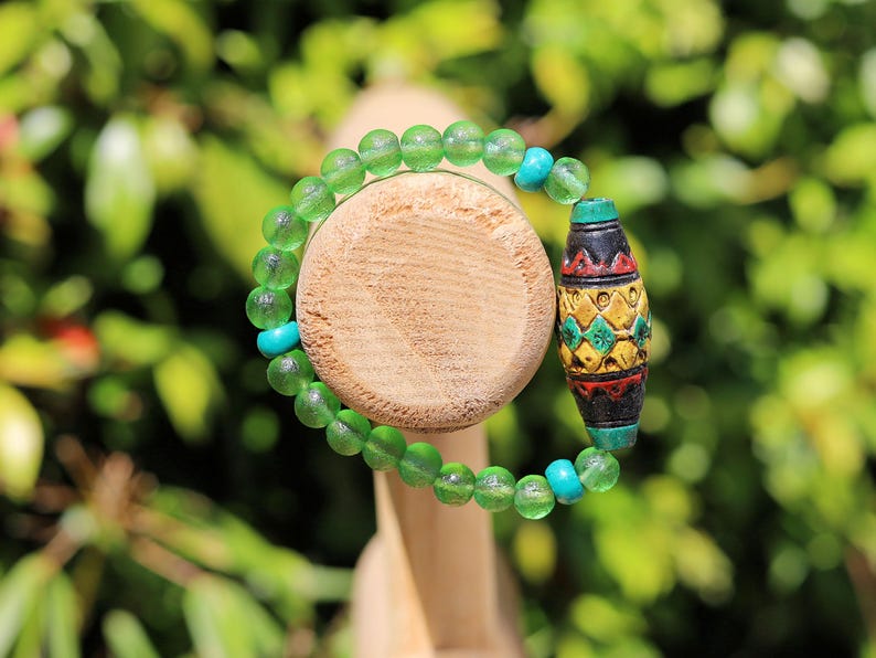 Andean Diamond Barrel Bead Bracelet | Moldavite • Tibetan Green Turquoise Prayer Beads.A sacred fusion. reflecting centuries of Quechua