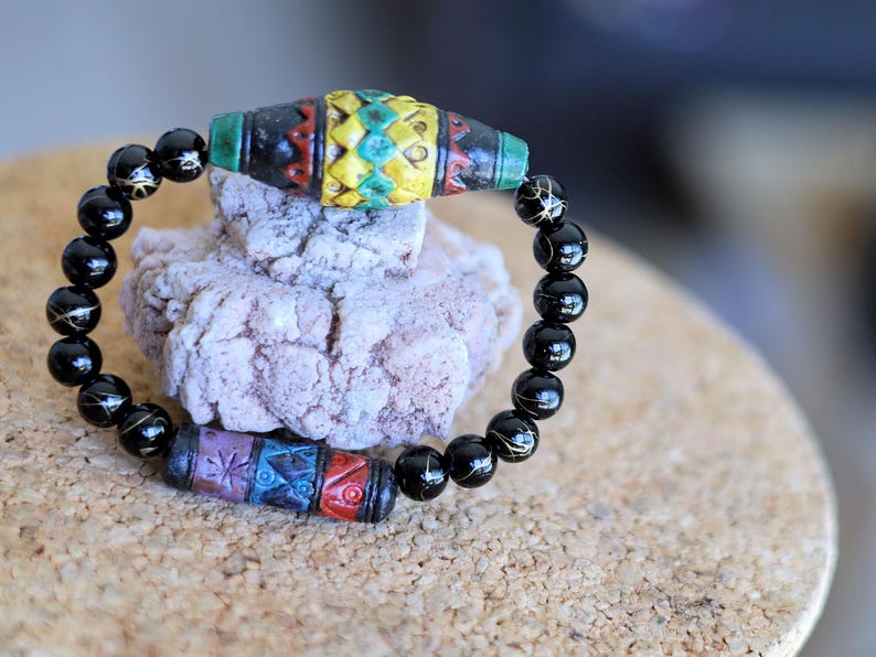 Andean Diamond and Barrel bracelet & Sacred Geometry Bead Bracelet | Gold-Striped Black Agate.  Energy practitioners, artisan jewelry lovers