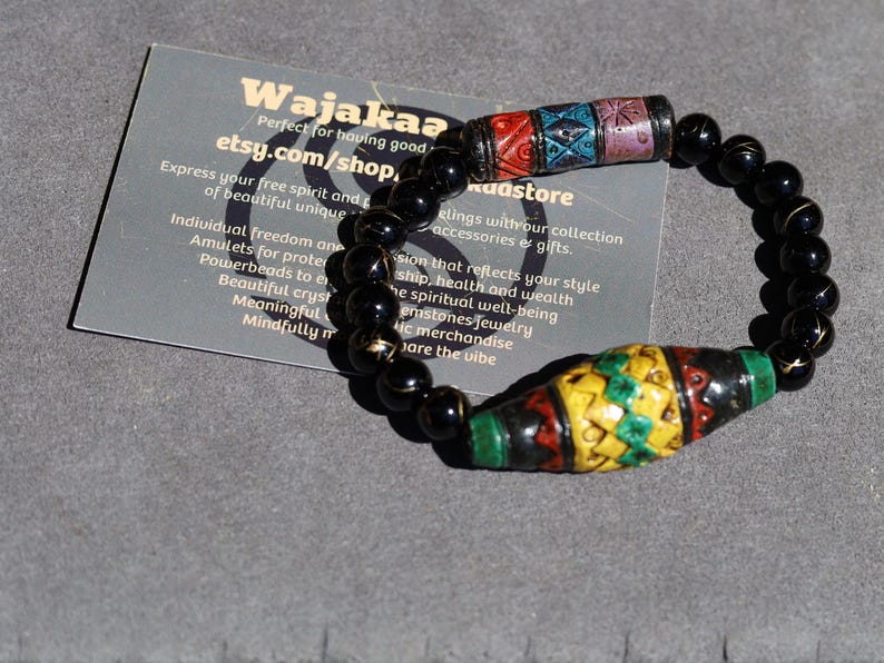 Andean Diamond and Barrel bracelet & Sacred Geometry Bead Bracelet | Gold-Striped Black Agate.  Energy practitioners, artisan jewelry lovers