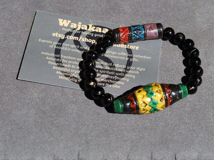 Andean Diamond and Barrel bracelet & Sacred Geometry Bead Bracelet | Gold-Striped Black Agate.  Energy practitioners, artisan jewelry lovers